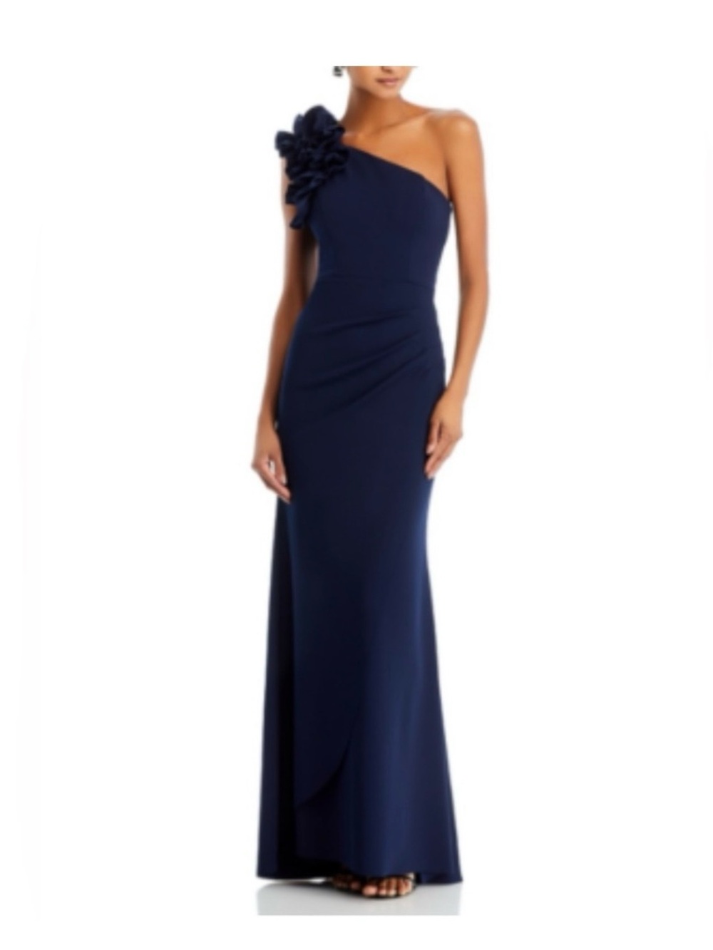 One-Shoulder Navy Evening Gown with Ruffle Accent